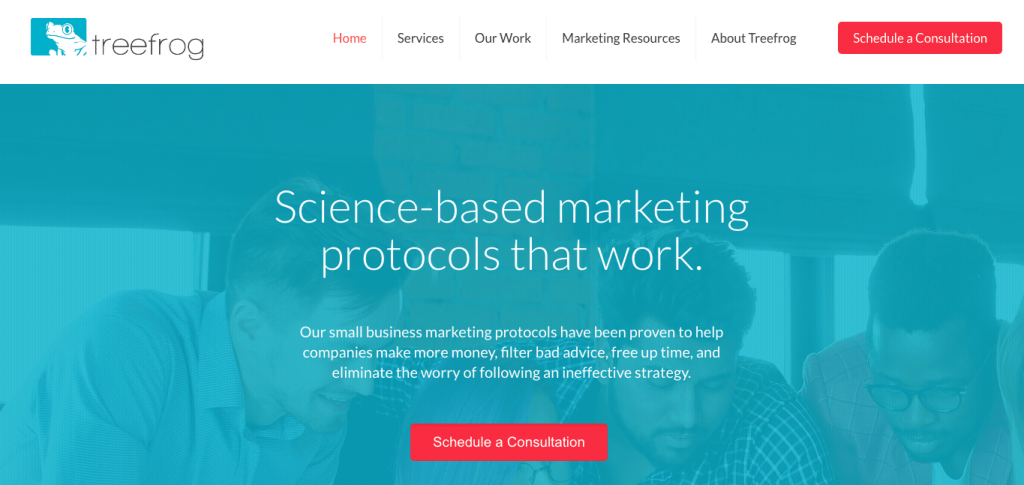 Treefrog Marketing’s website header with the navigation, frog logo, call-to-action buttons, and headline text