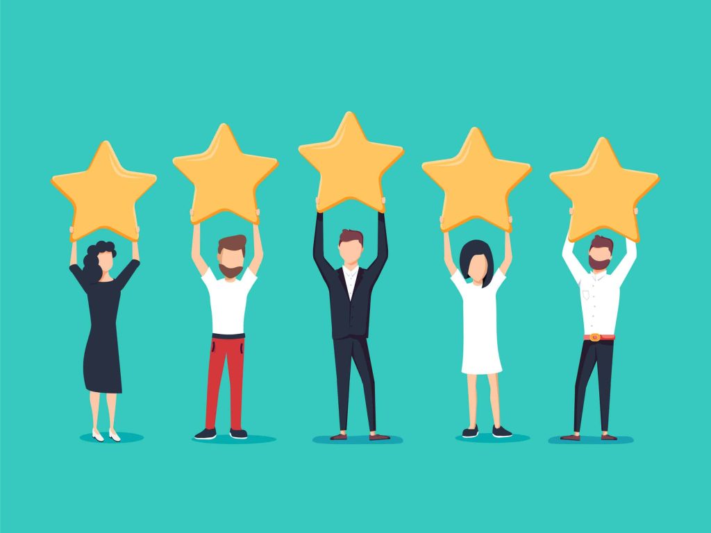 an illustration of five people holding up five stars to represent a great review